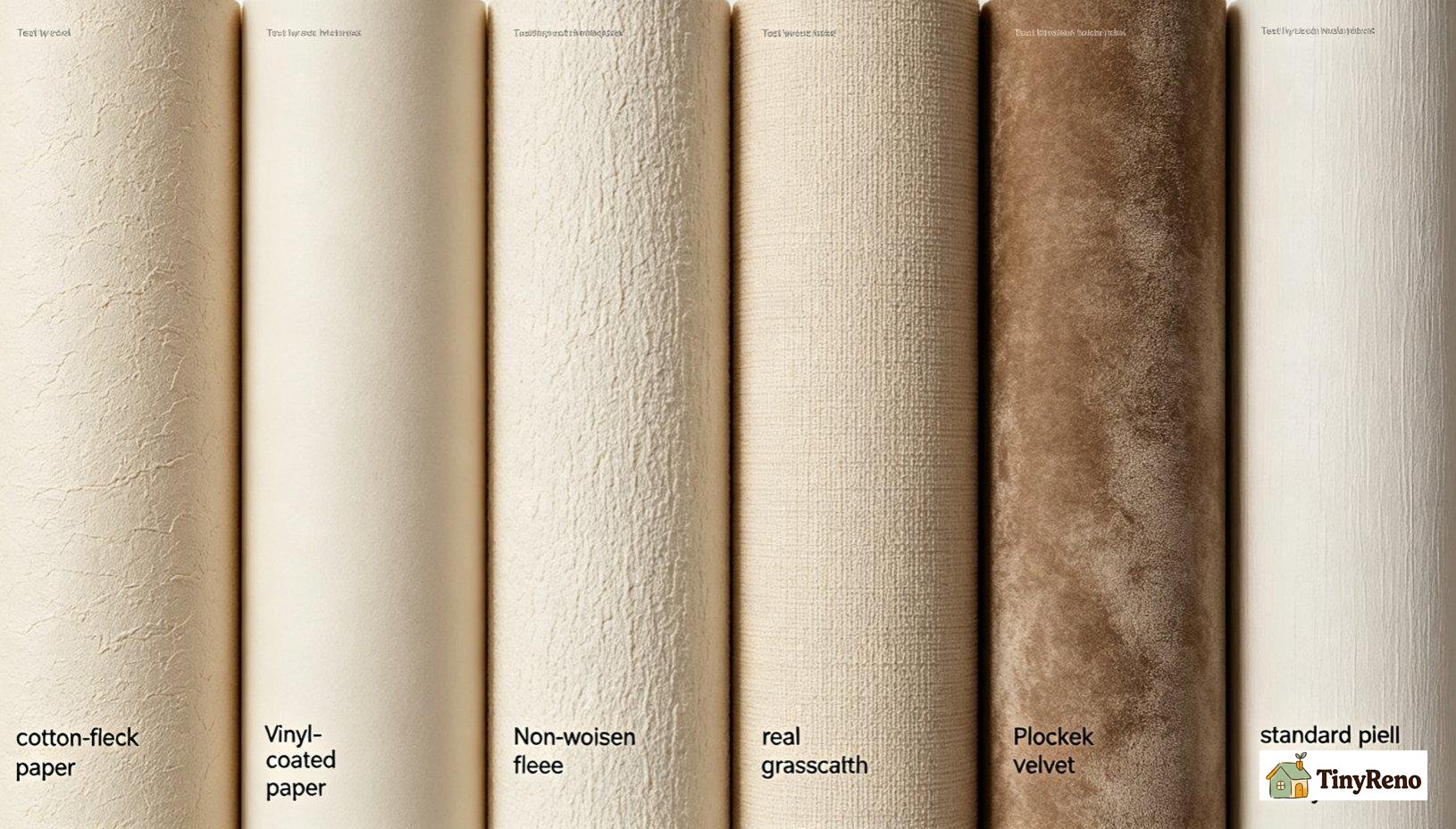 Side-by-side wall panels showing six tested wallpaper types: cotton-fleck paper, vinyl-coated paper, non-woven fleece, real grasscloth, flocked velvet, standard peel-and-stick vinyl, close-up of each surface texture.