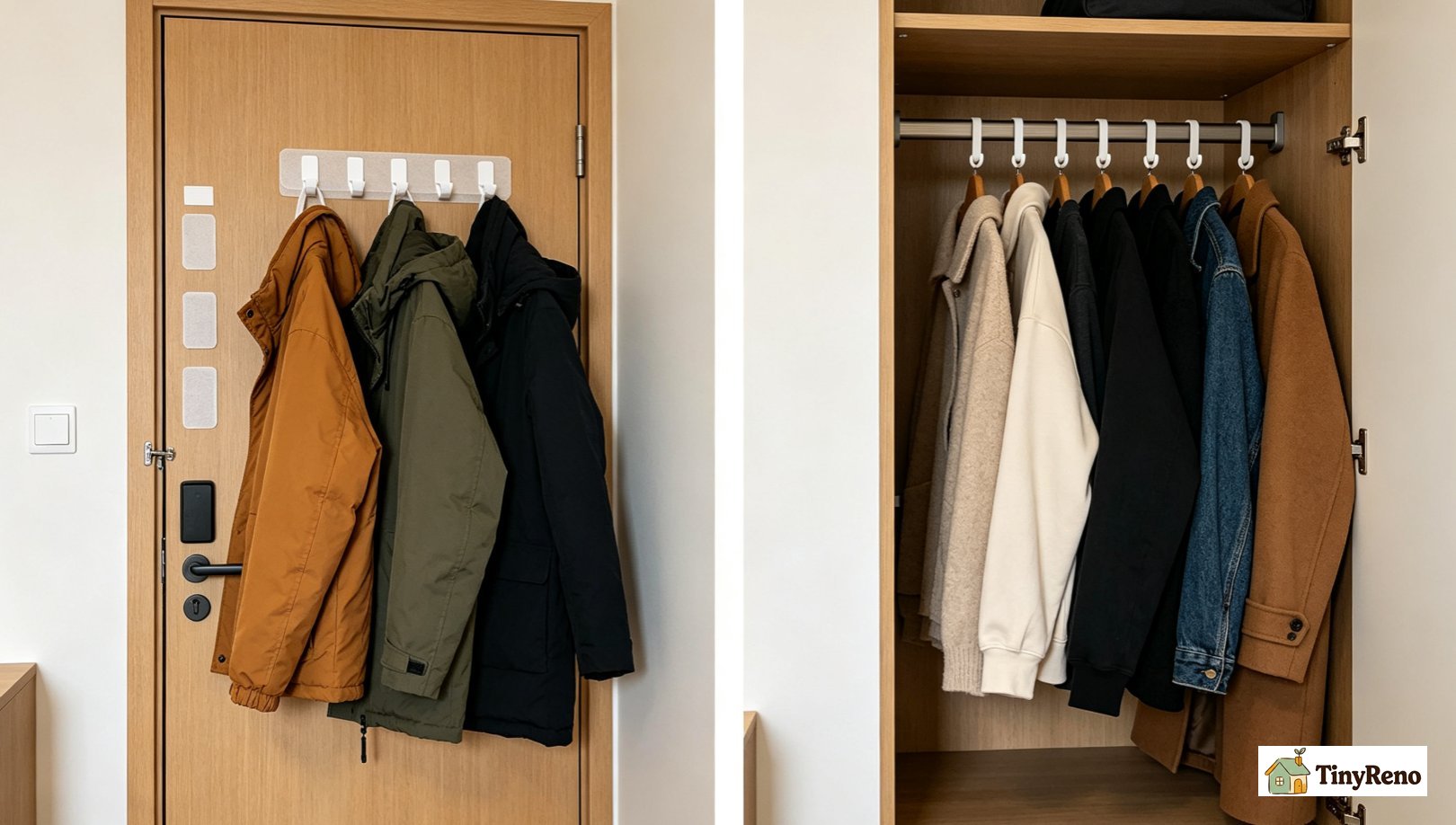 Rental door scene, two examples: frequent use setup with Velcro tabs for daily jacket swapping; seasonal low-frequency setup with heavy-duty Command hooks for rarely moved coats.