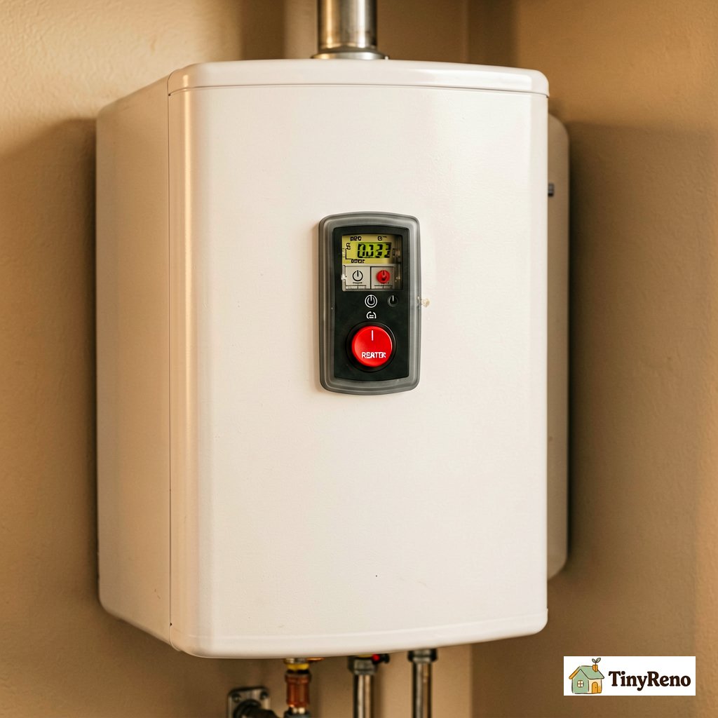 Electric water heater upper thermostat with the red reset button visible showing how to test and reset a tripped high-limit cutoff