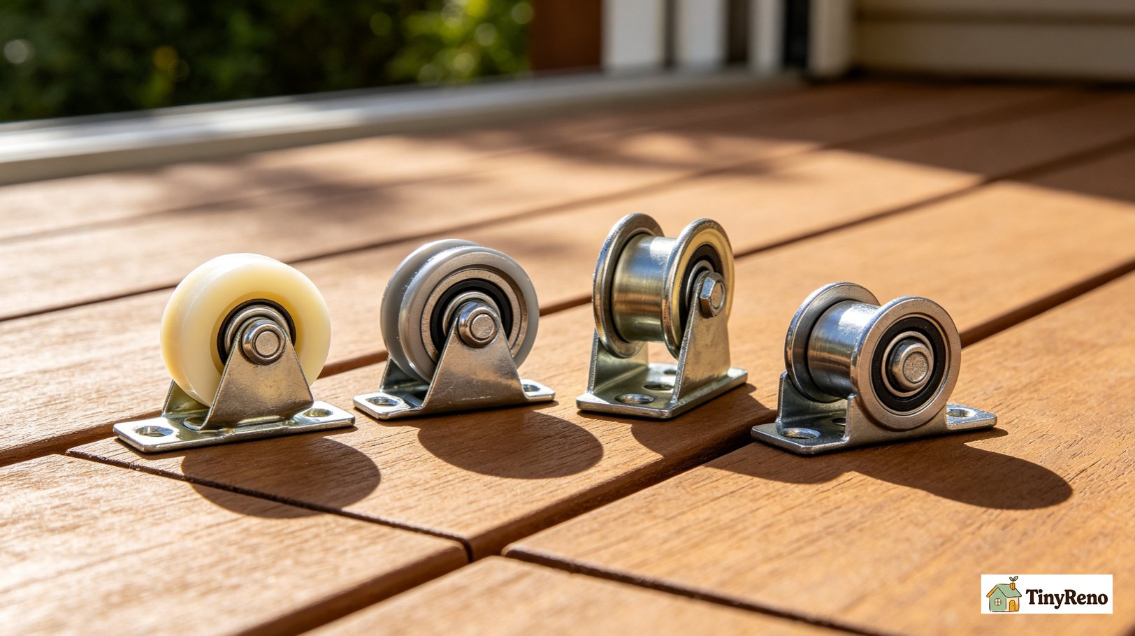 Compare four patio door roller types: standard steel, sealed bearing, tandem, and nylon, in a 2x2 grid showing bearing style and recommended use