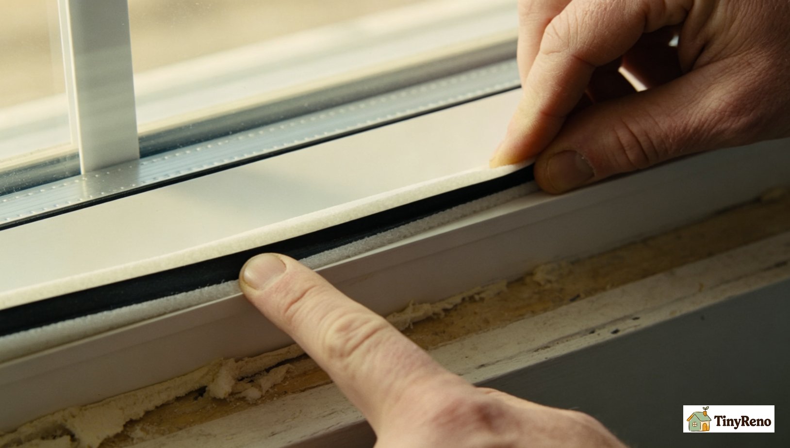 Close-up, removing old compressed foam weatherstripping from window sash, cleaning frame with alcohol wipe, pressing new self-adhesive weatherstripping onto the top edge.