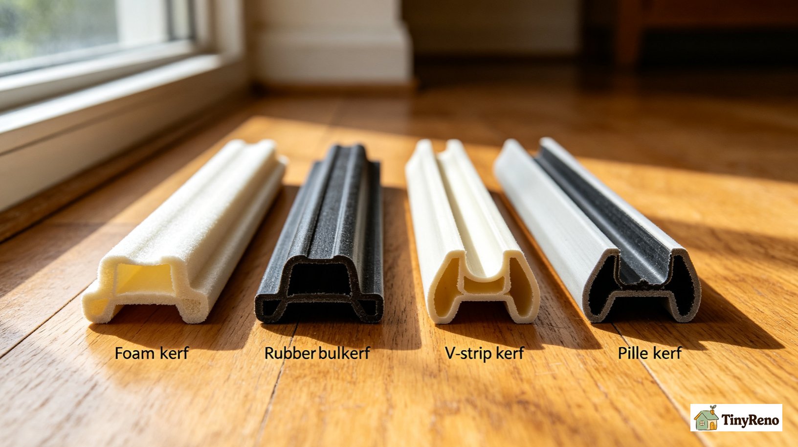 Compare four kerf weatherstripping types: foam, rubber bulb, V-strip, and pile, in a side-by-side cross-section diagram showing compression and durability ratings