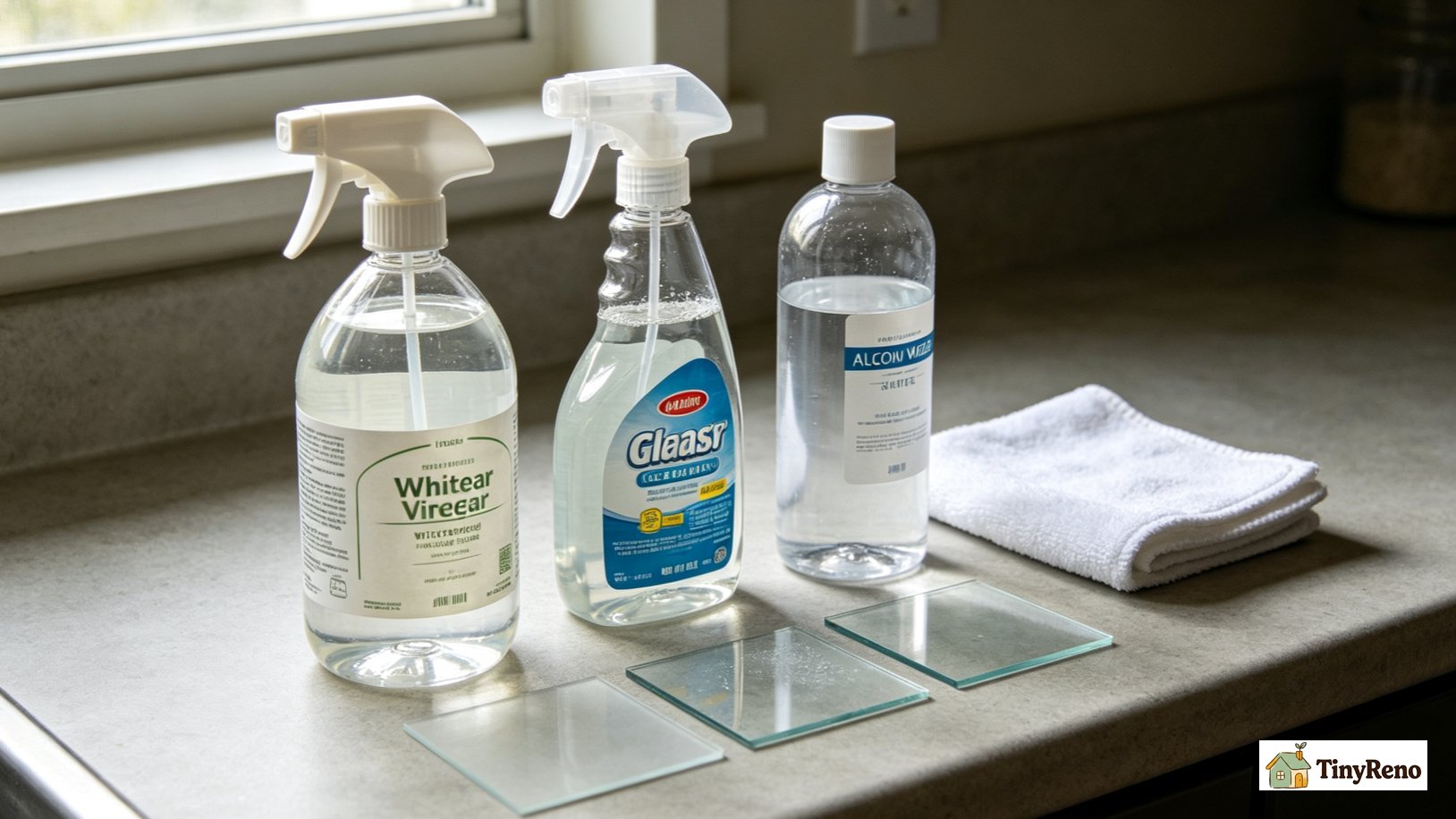 Compare 3 streak-free window cleaning solutions side by side: vinegar mix, commercial glass cleaner, and alcohol mix, with cost and dwell time for each