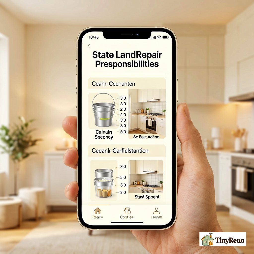 Smartphone showing tenant rights chart for state landlord repair responsibilities with bucket classification