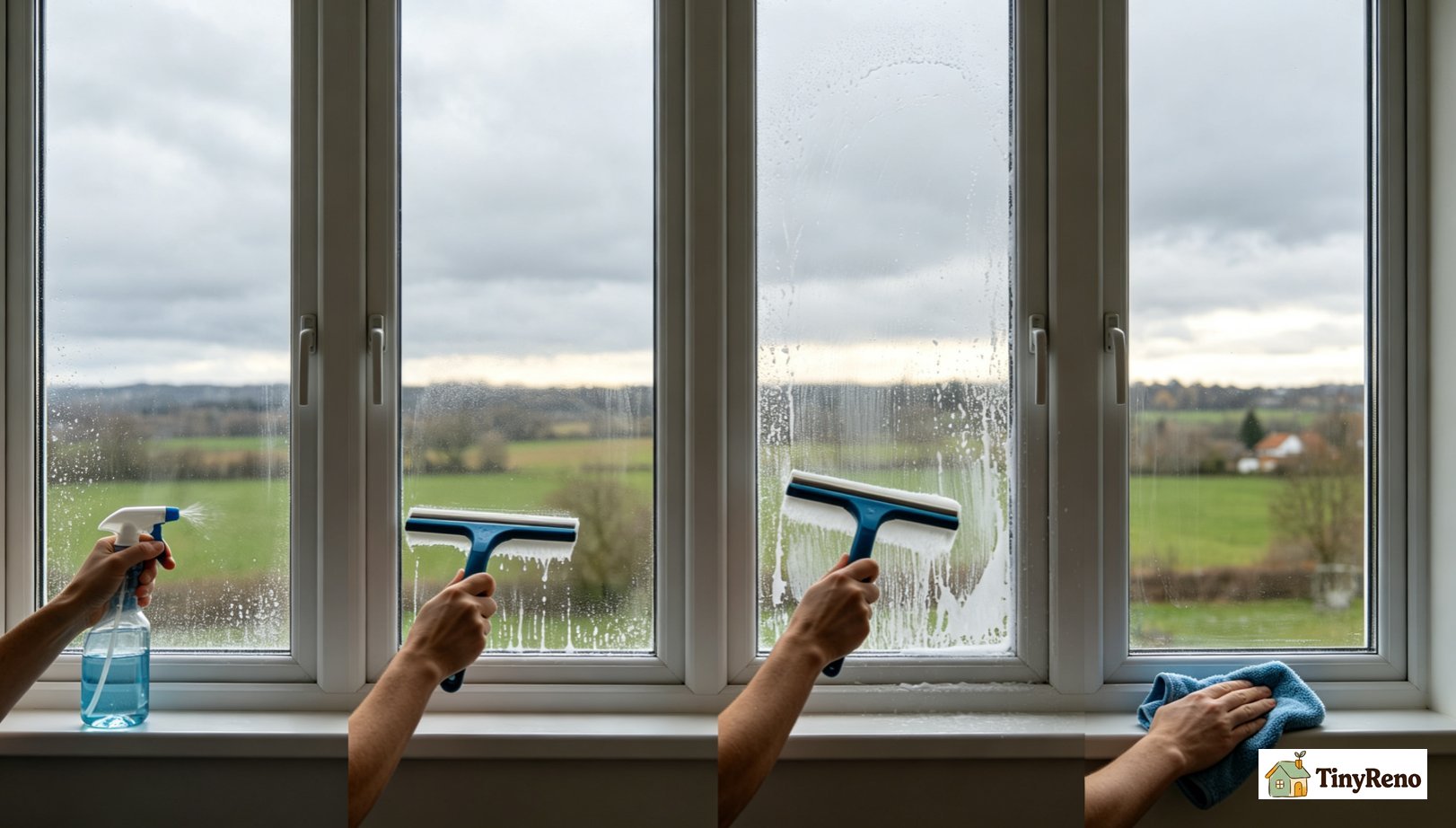 Identify the streak-free window cleaning sequence: a 4-step diagram showing the correct order &mdash; overcast time, vinegar solution, squeegee top to bottom, microfiber wipe