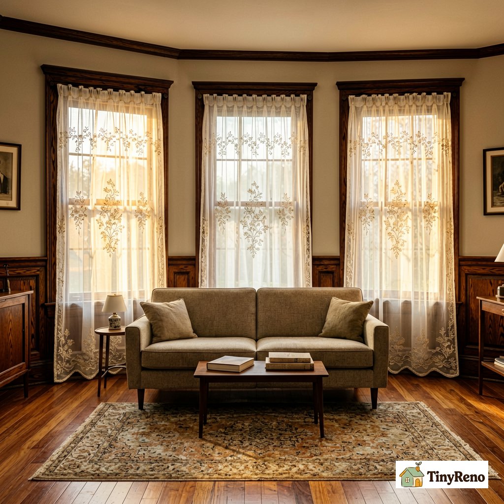 Close-up detail of ivory sheer curtain fabric showing fine white-on-ivory botanical satin stitch embroidery along the bottom hem with a craftsman-era oak window frame in soft focus