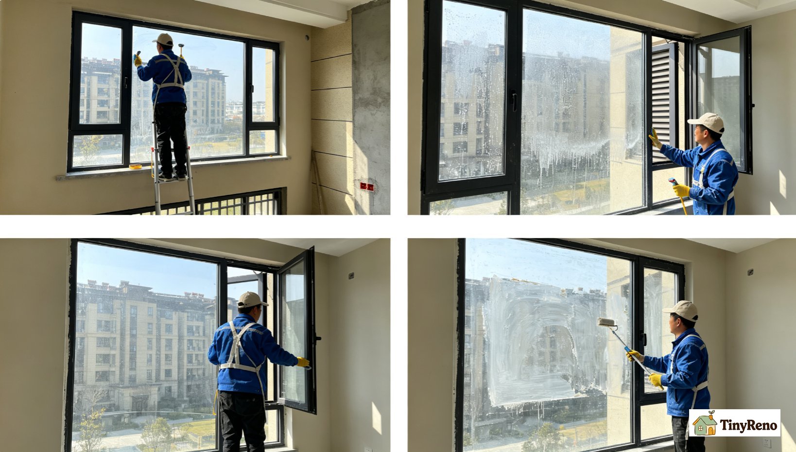 Identify the 4 signs to hire a residential window cleaning service: 2-story window, hard water stains, construction debris, and move-out requirement, in a labeled 2x2 grid