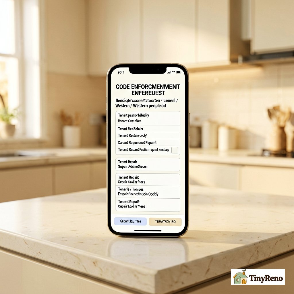 Smartphone showing a code enforcement complaint form filled out with tenant repair request details