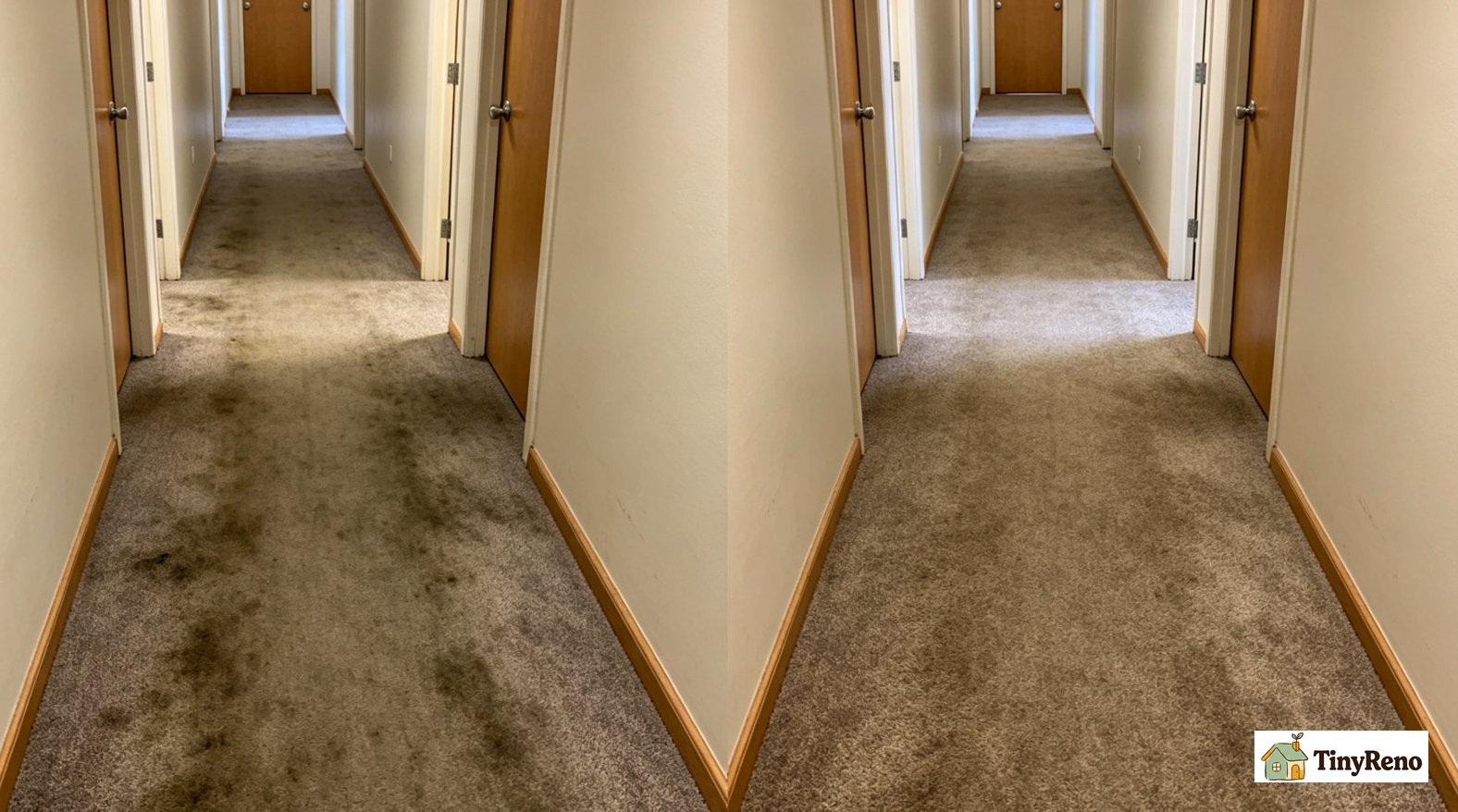 Before and after of rental carpet traffic lane, DIY no-shampooer refresh result with no heavy carpet machine