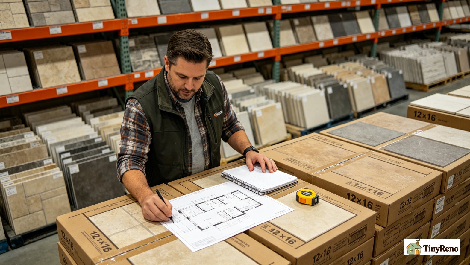 A renter carrying a heavy box of 12 x 12 porcelain tile out of a Home Depot store, soft warm afternoon light, no people close-up.