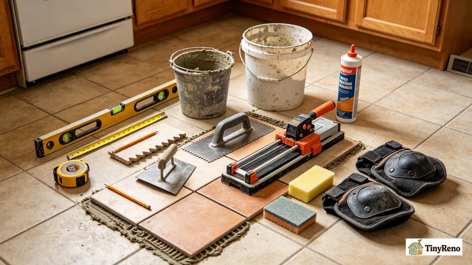 A Home Depot receipt on a kitchen counter next to a notched trowel, tile cutter, and grout float, soft warm afternoon light.