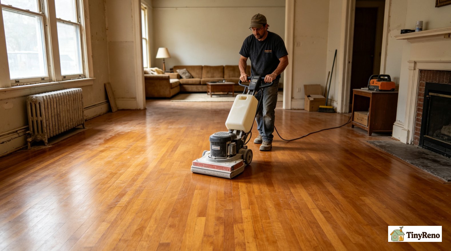 DIY screening step, floor buffer with 240-grit screen lightly scuffing existing polyurethane finish