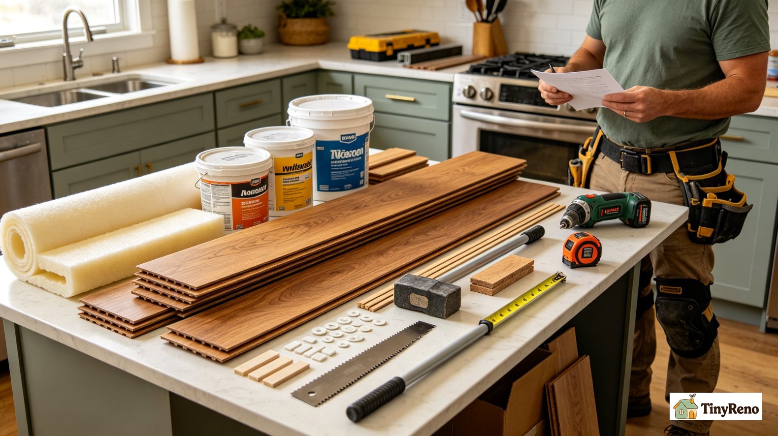 Laminate flooring tool and material cost breakdown, comparing DIY expense against expensive tile demolition quote