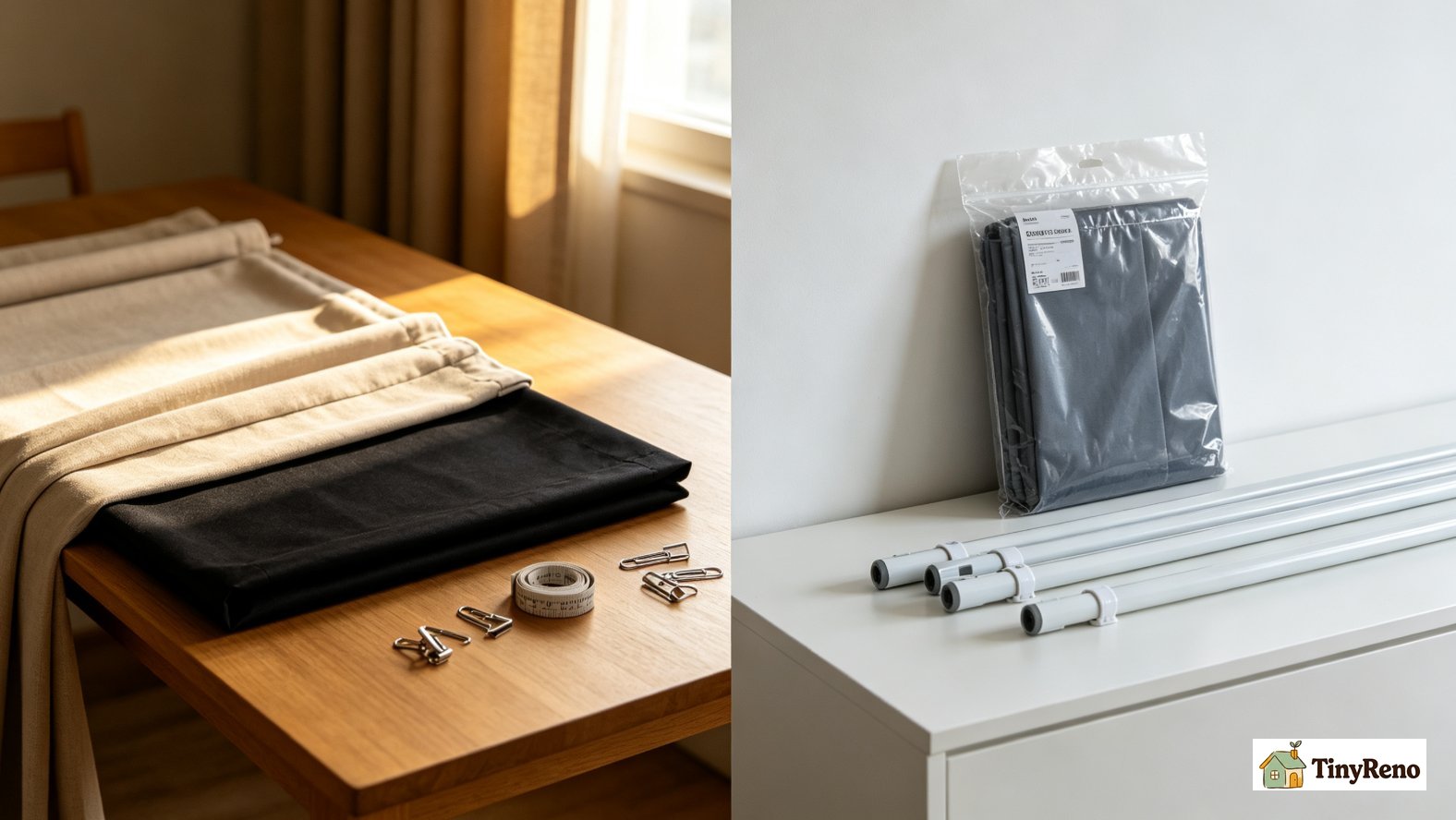 Decision guide visual, when to DIY blackout lining and when to buy brand new blackout curtains for renters