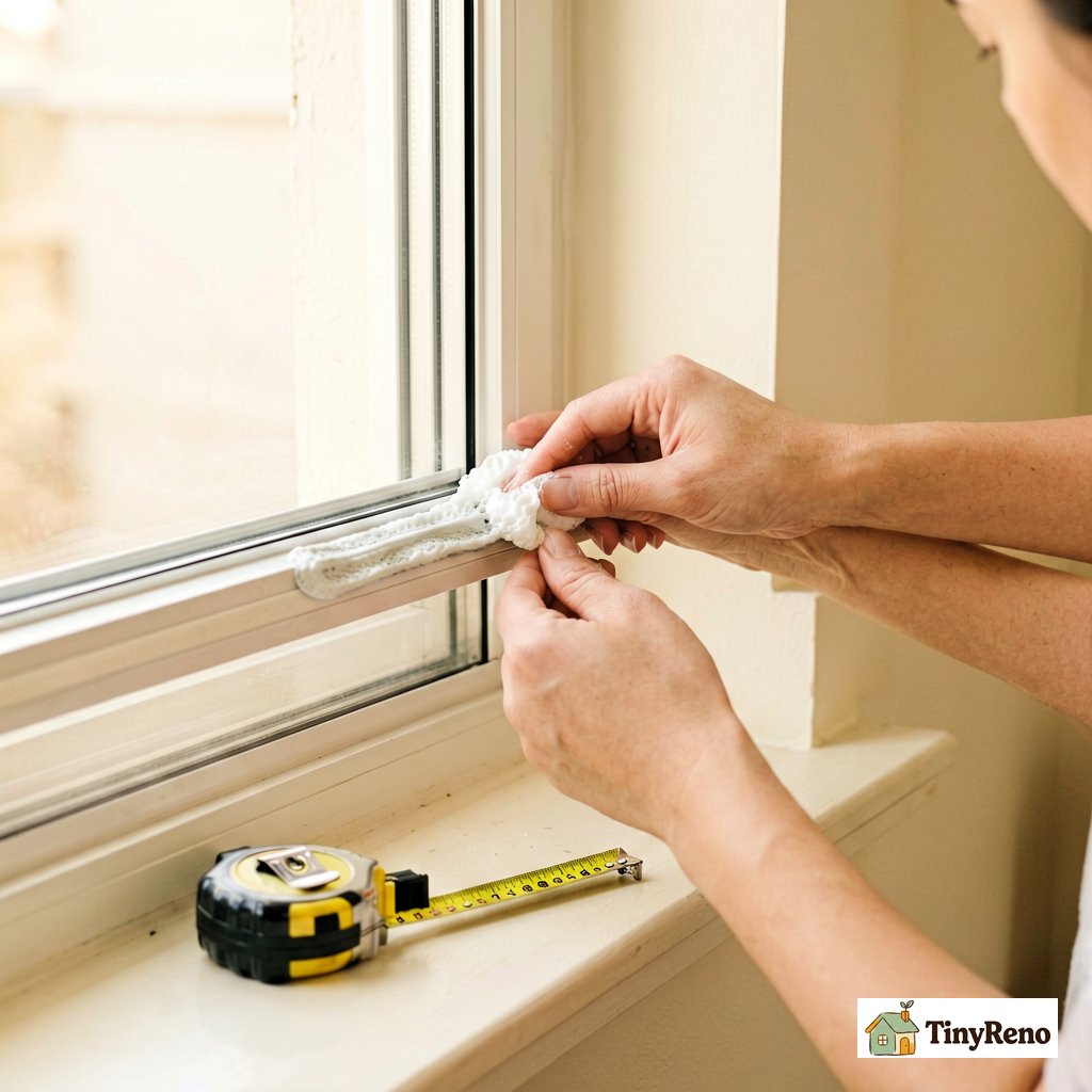 A renter applying foam weatherstripping to the top of a window sash frame with weatherstripping supplies and a tape measure on the windowsill