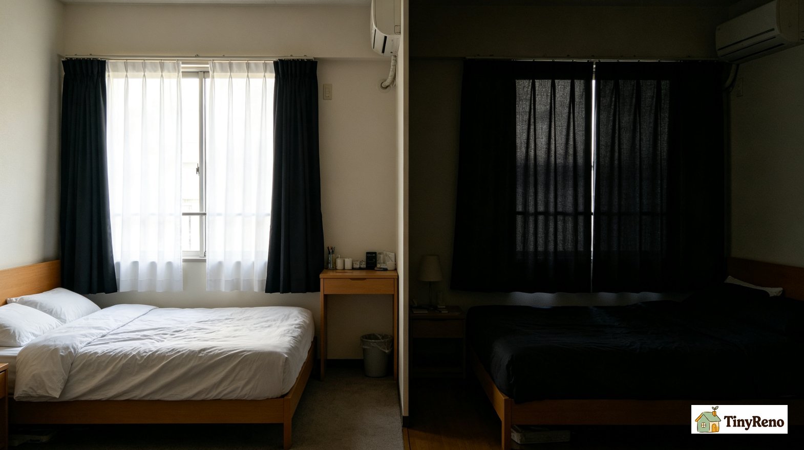 Comparison shot, original curtain with 60% light blocking vs curtain with added blackout lining blocking nearly all incoming light