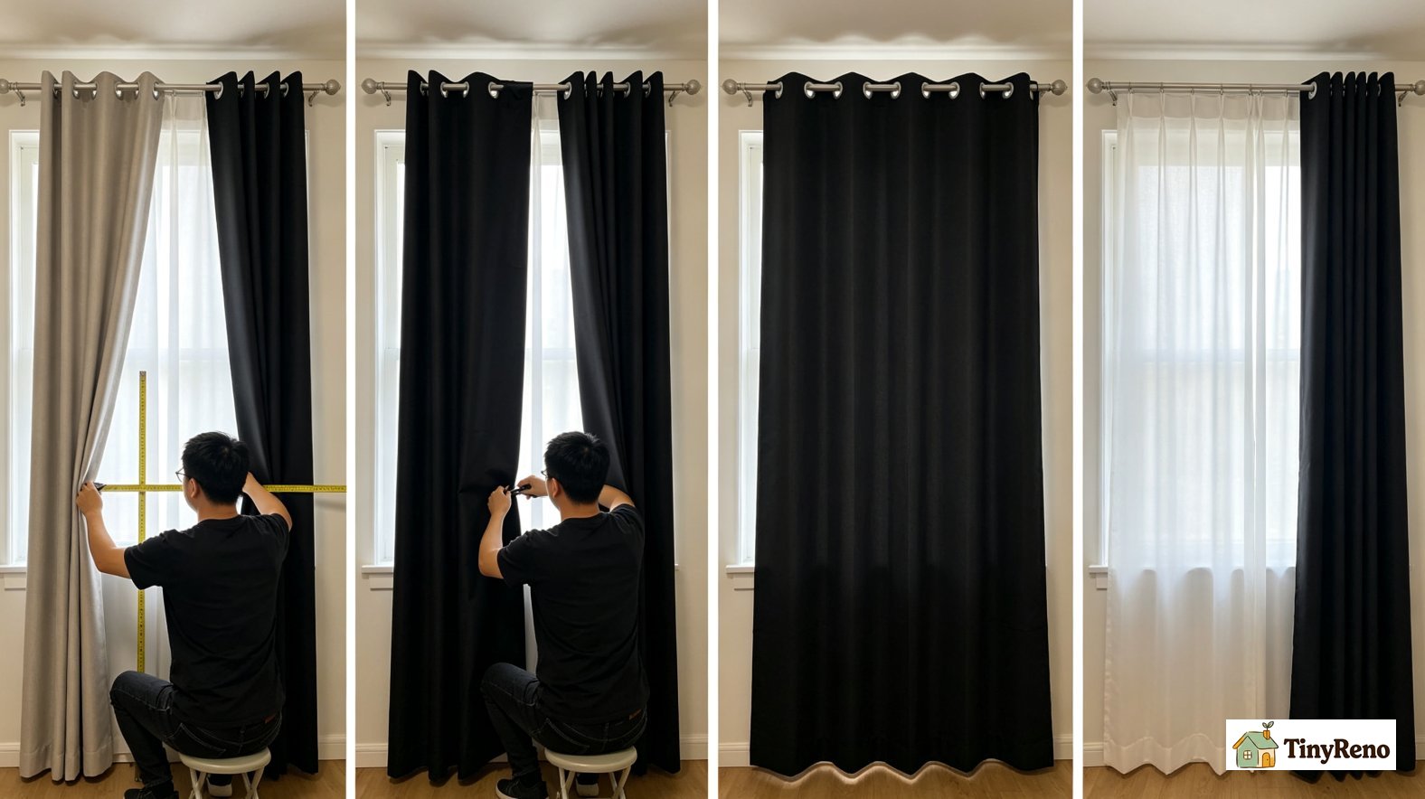4-step DIY installation process to add blackout lining behind existing curtains in rental bedroom