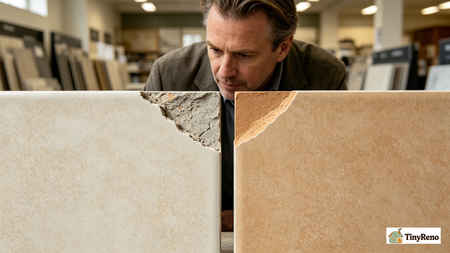 Side-by-side visual, glazed surface tile chip revealing contrasting base color vs through-body tile chip with matching color