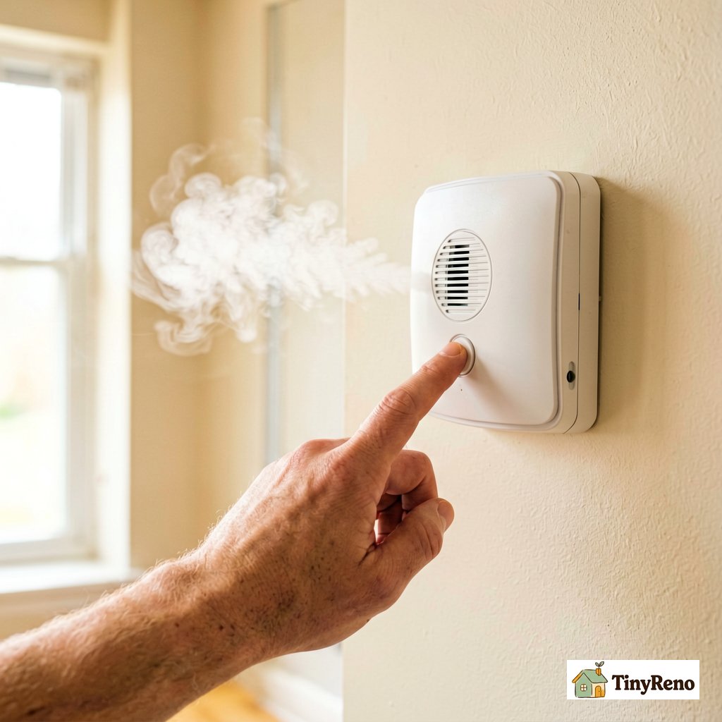 A hand pressing the test button on a wall-mounted smoke alarm after opening a nearby window to vent vapor from the room
