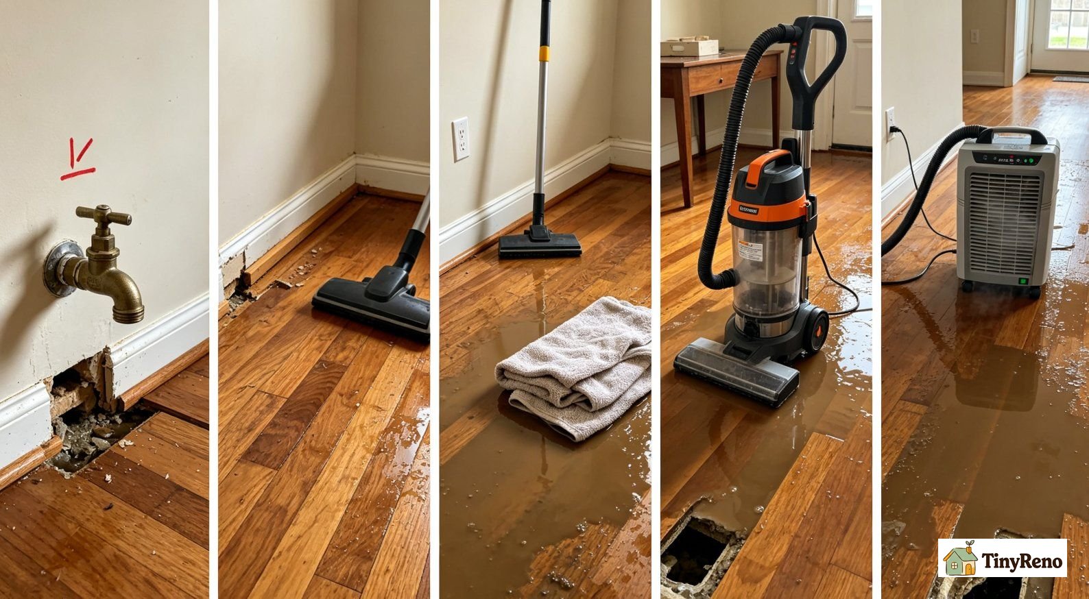 Five emergency steps within first 24 hours for wood floor water damage, shut off water, remove baseboards, extract water, run fans and contact insurance