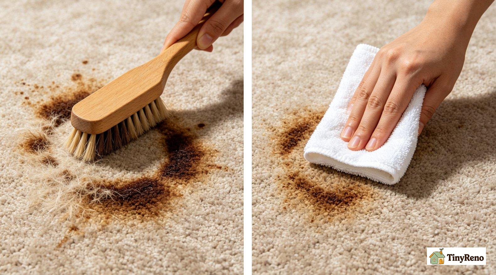 Close-up demonstration, wrong rubbing technique spreading coffee stain vs correct blotting method on carpet fibers