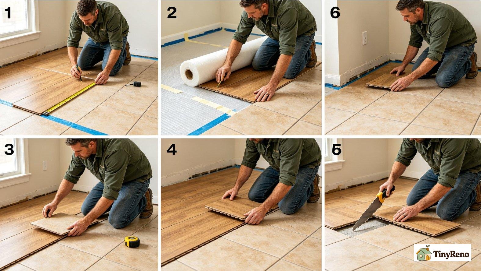 6-step laminate over tile installation workflow, checking tile condition, laying foam underlayment, staggered board layout and spacers