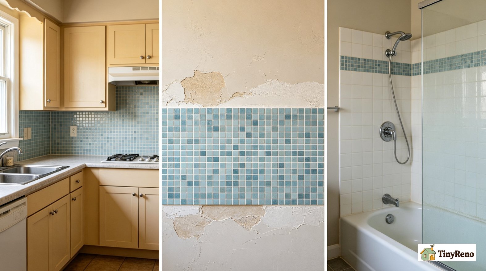European-American DIY renter in kitchen, ruined peel-and-stick mosaic sheets in trash, failed herringbone tile backsplash attempt