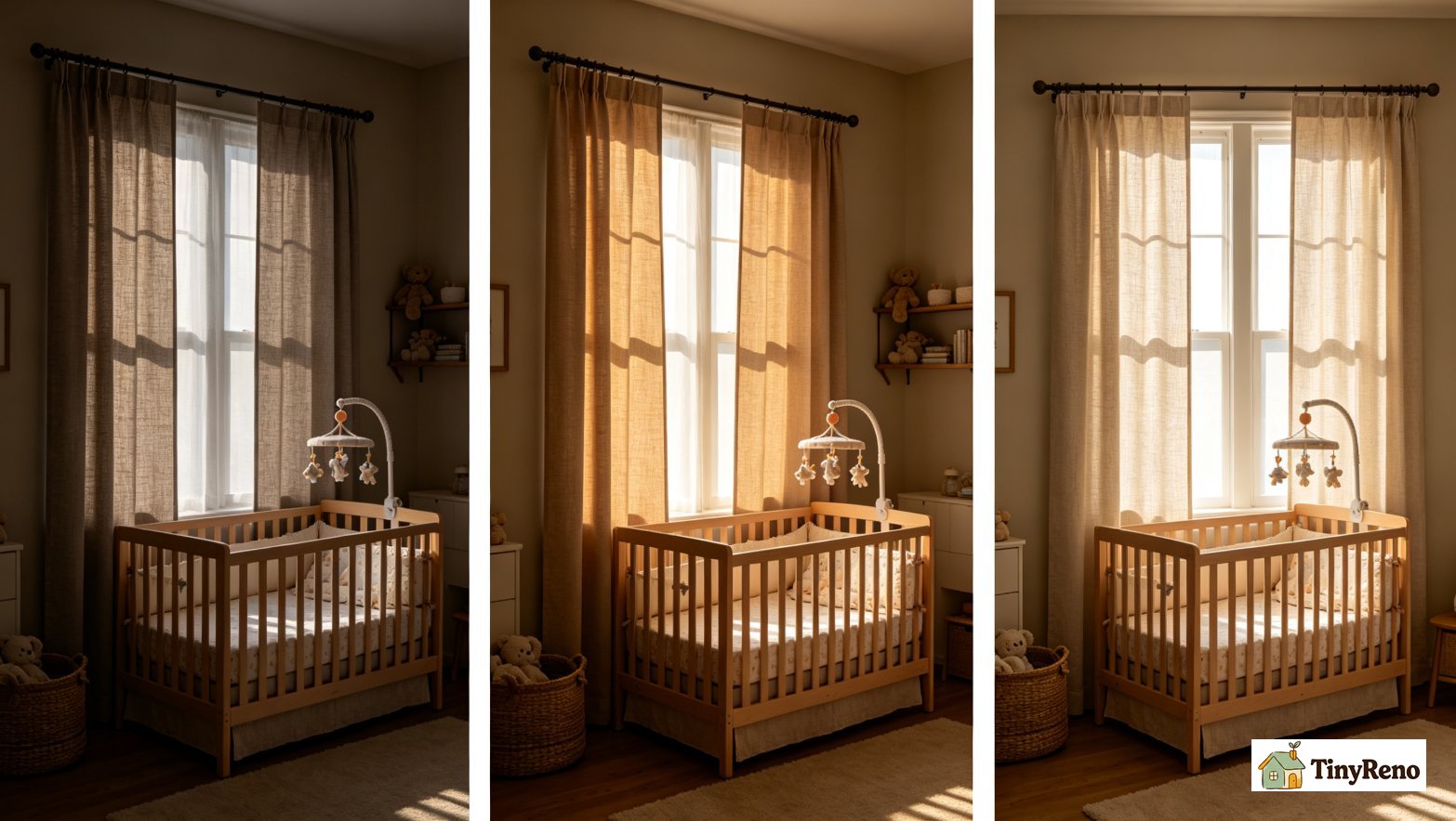 Identify the 4 nursery blackout drape types: a labeled comparison showing drape, curtain, shade, and liner with their light-blocking percentage and cordless rating
