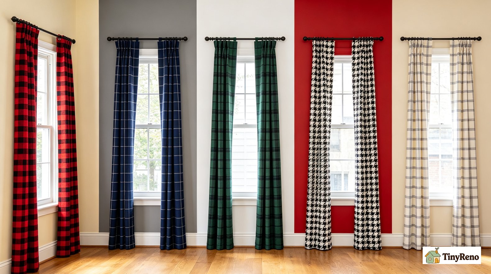 Identify the 4 plaid patterns: a labeled comparison showing buffalo plaid, tartan, windowpane, and houndstooth with their typical room application