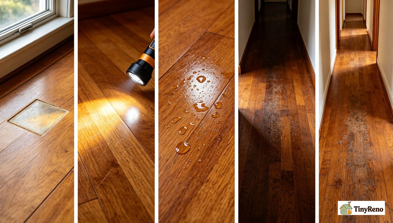 5 diagnostic signs for hardwood floors, water bead test, micro-scratches and UV fade pattern demonstration