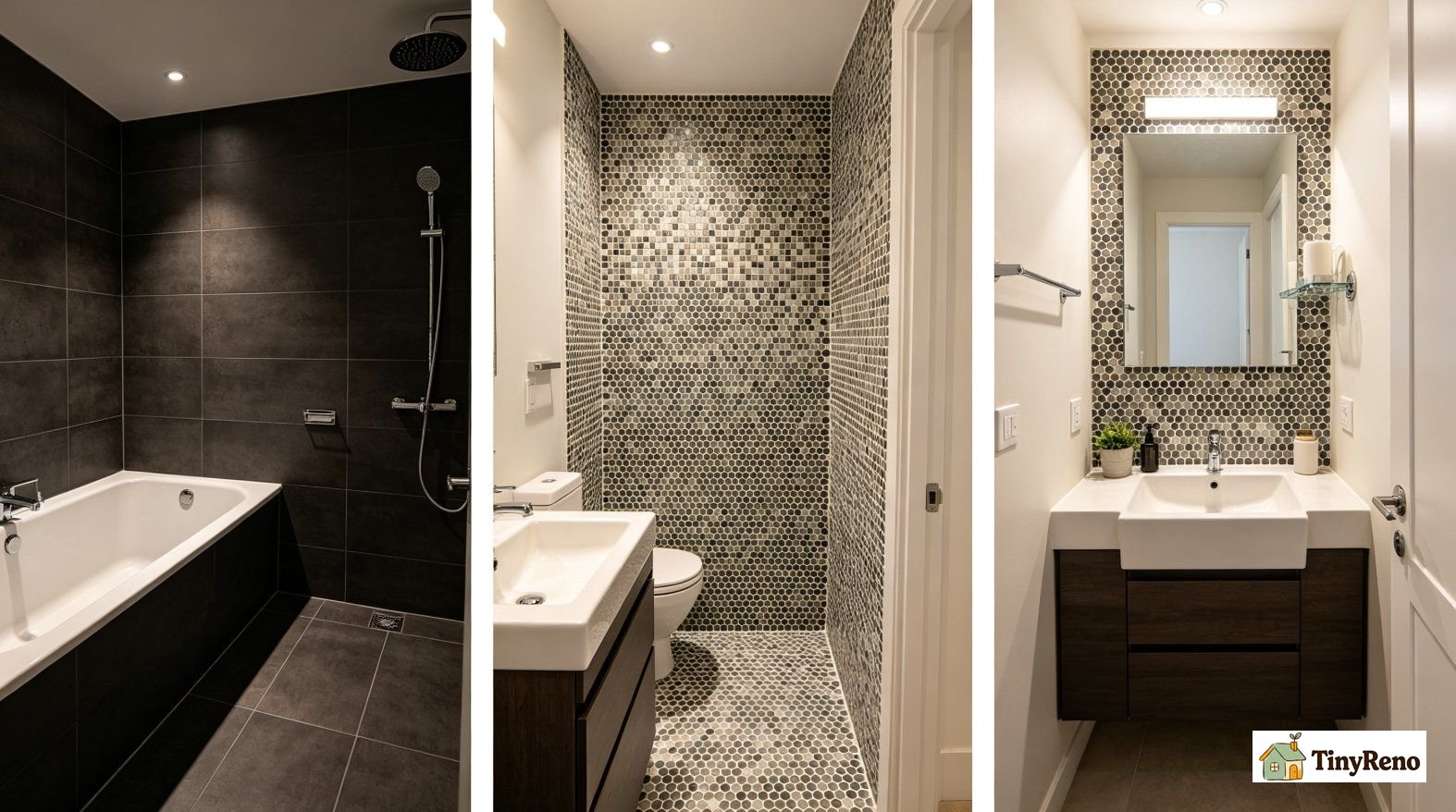 Three design mistakes to avoid in small bathrooms, dark tile, mixed-material mosaic and tiny penny round tile issues