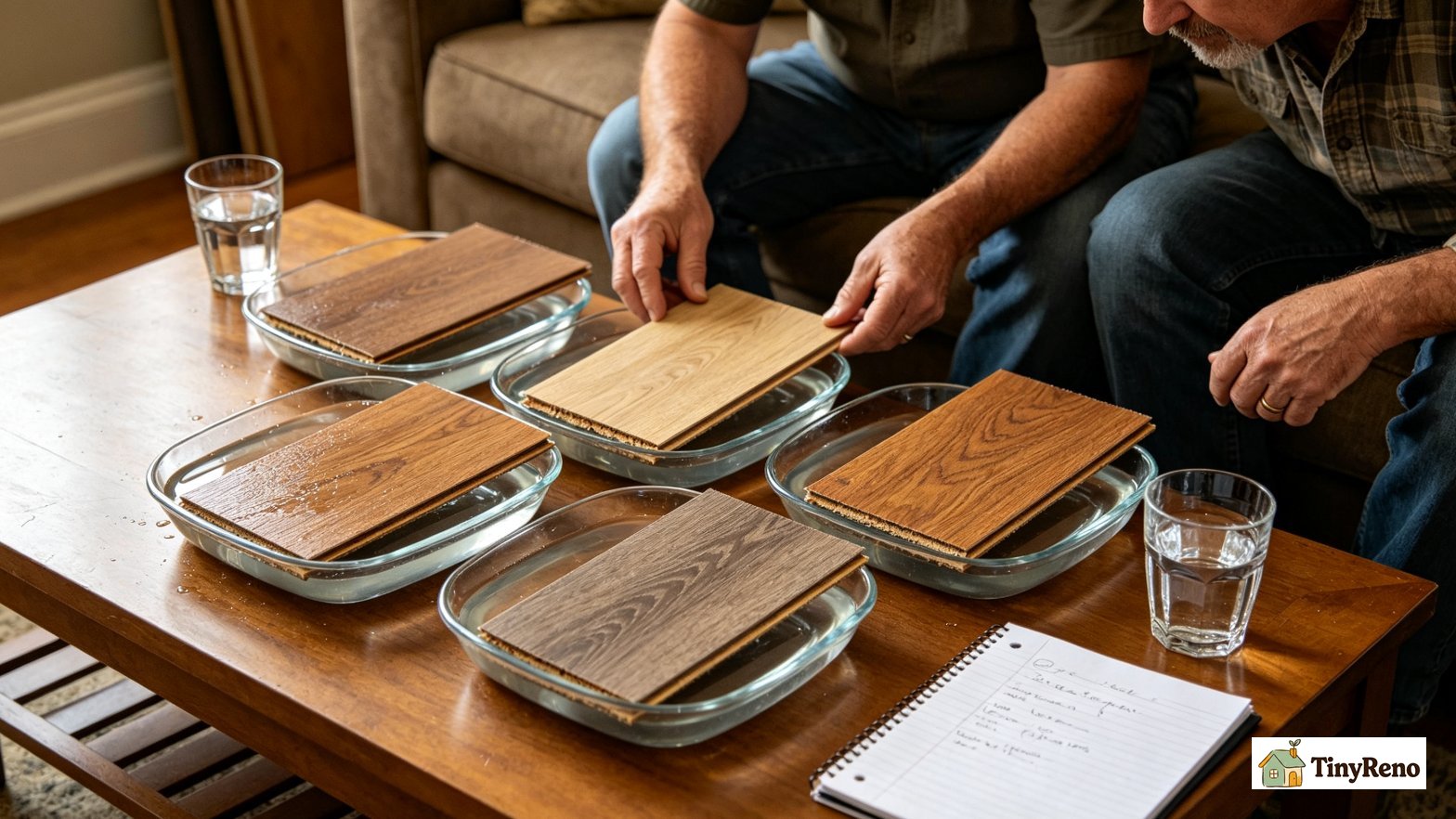 Close-up shot of EVP, SPC and WPC flooring samples arranged on a tray, homeowner preparing 24-hour water immersion test