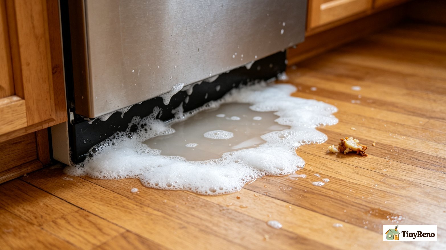 Close view of soapy puddle on kitchen floor next to dishwasher, distinguishing sudsy leak from clear water leak