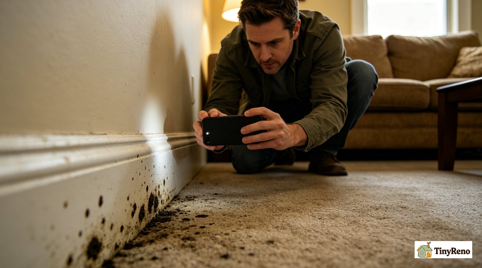 Renter photographing baseboard mold spots with smartphone, documenting evidence for landlord email