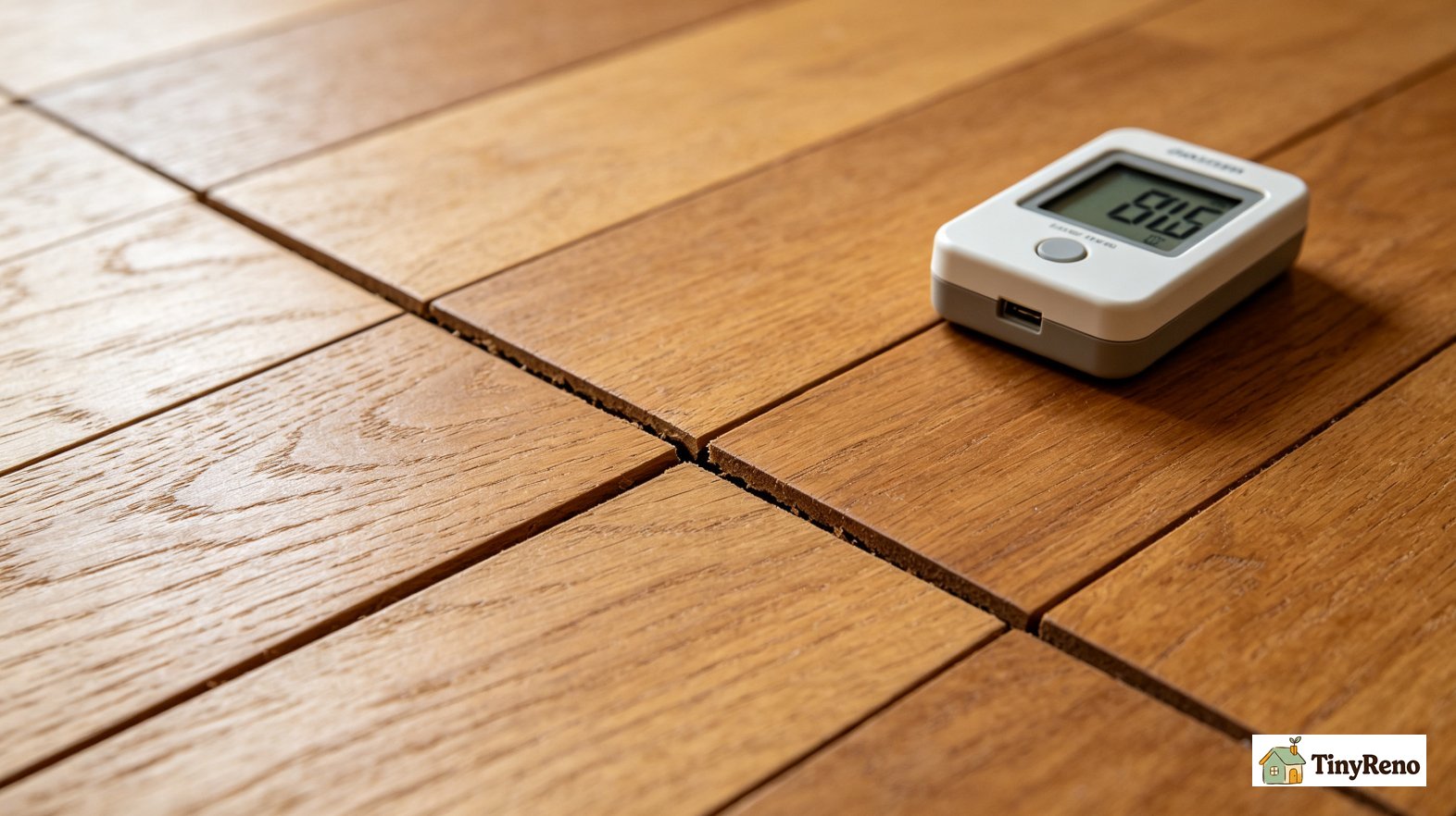 A small digital humidity gauge sitting on a hardwood floor next to a visible thin seasonal gap, soft warm natural light