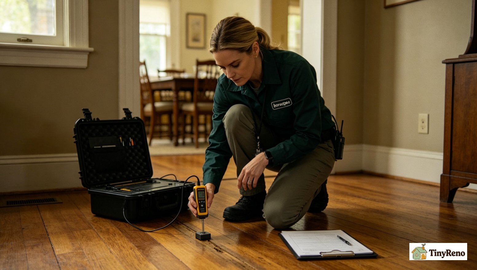 Female environmental inspector Carla using pin moisture meter on hardwood floor, preparing borescope to check subfloor under planks