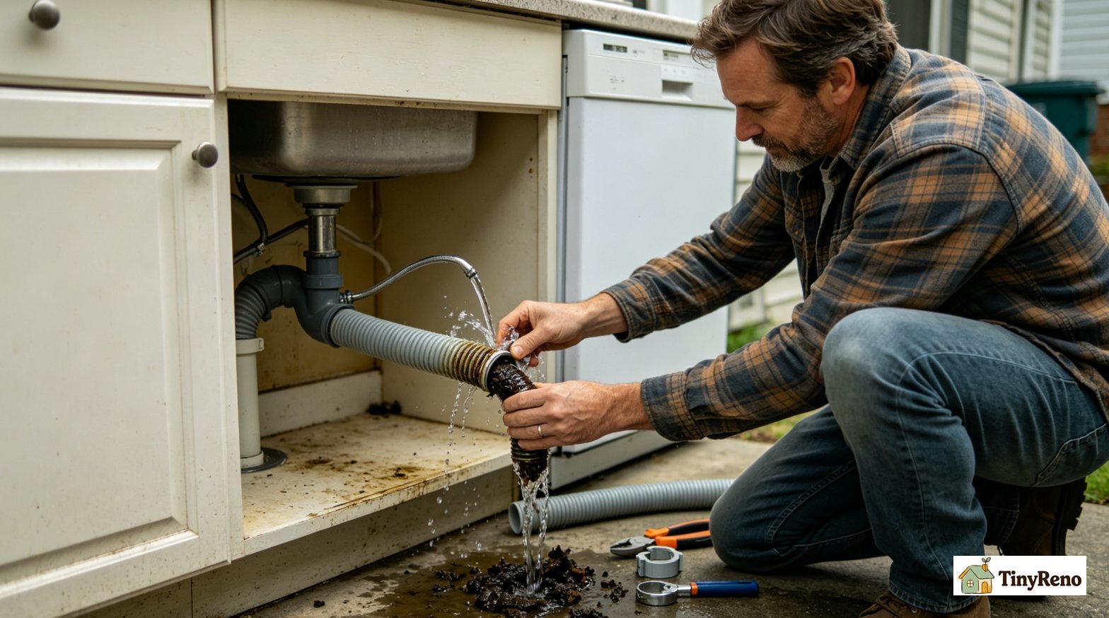 Drain pipe deep cleaning practical operation, disconnect the hose to flush the biofilm, replace the pipe clamps, and completely eliminate pipe odors.