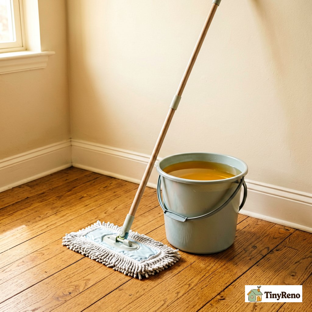 A renter avoiding dog paw contact by mopping wood floor with microfiber before Cooper wakes, soft warm morning light, beige wall