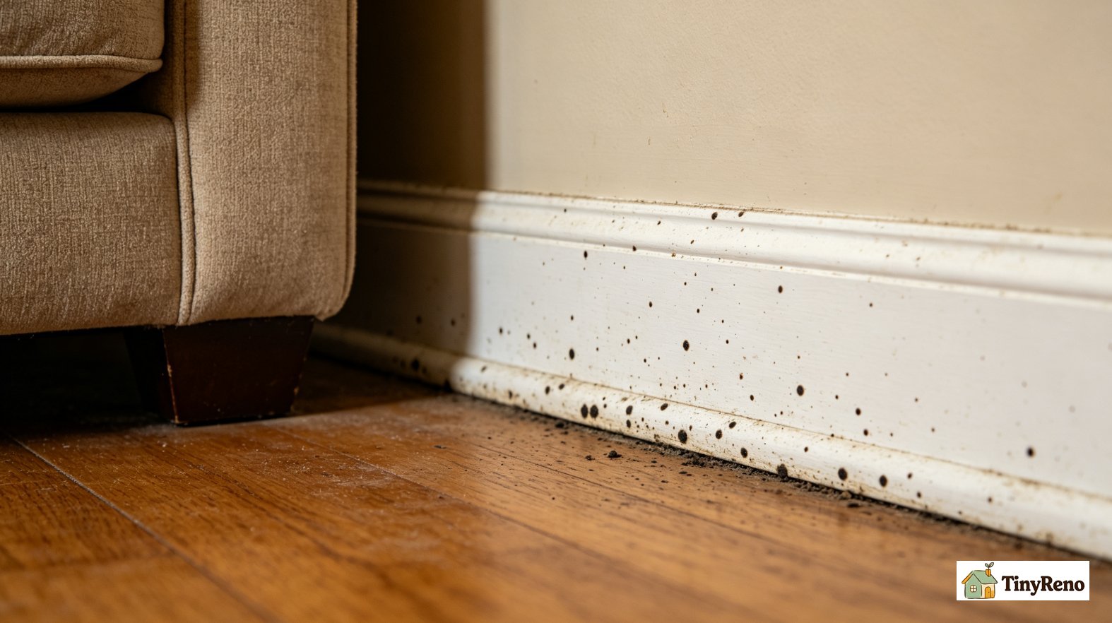 Close shot of dark mold spots along MDF baseboard behind couch, small dark specks clustered at wall-floor junction