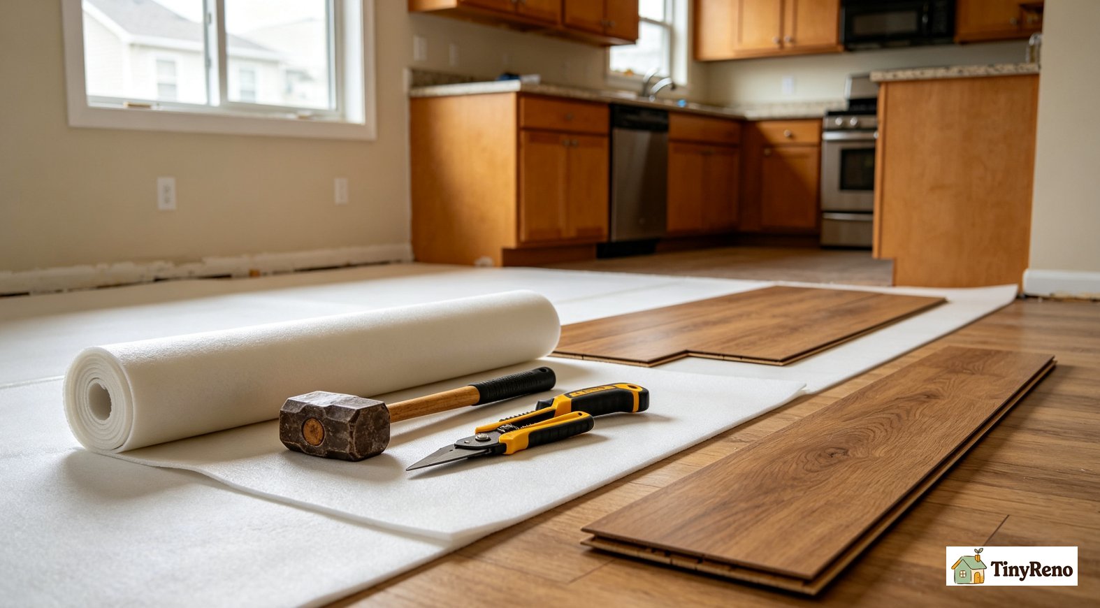 Tapping block and pull bar tools laying on IXPE underlayment pad, ready for EVP flooring installation
