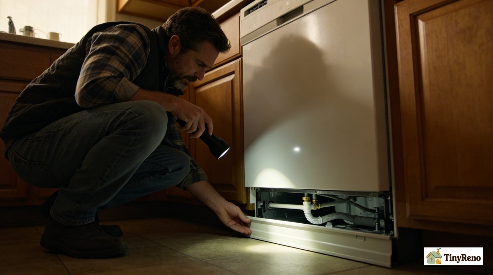Tenant removing dishwasher kick plate, shining flashlight underneath to inspect inlet valve and drain hose