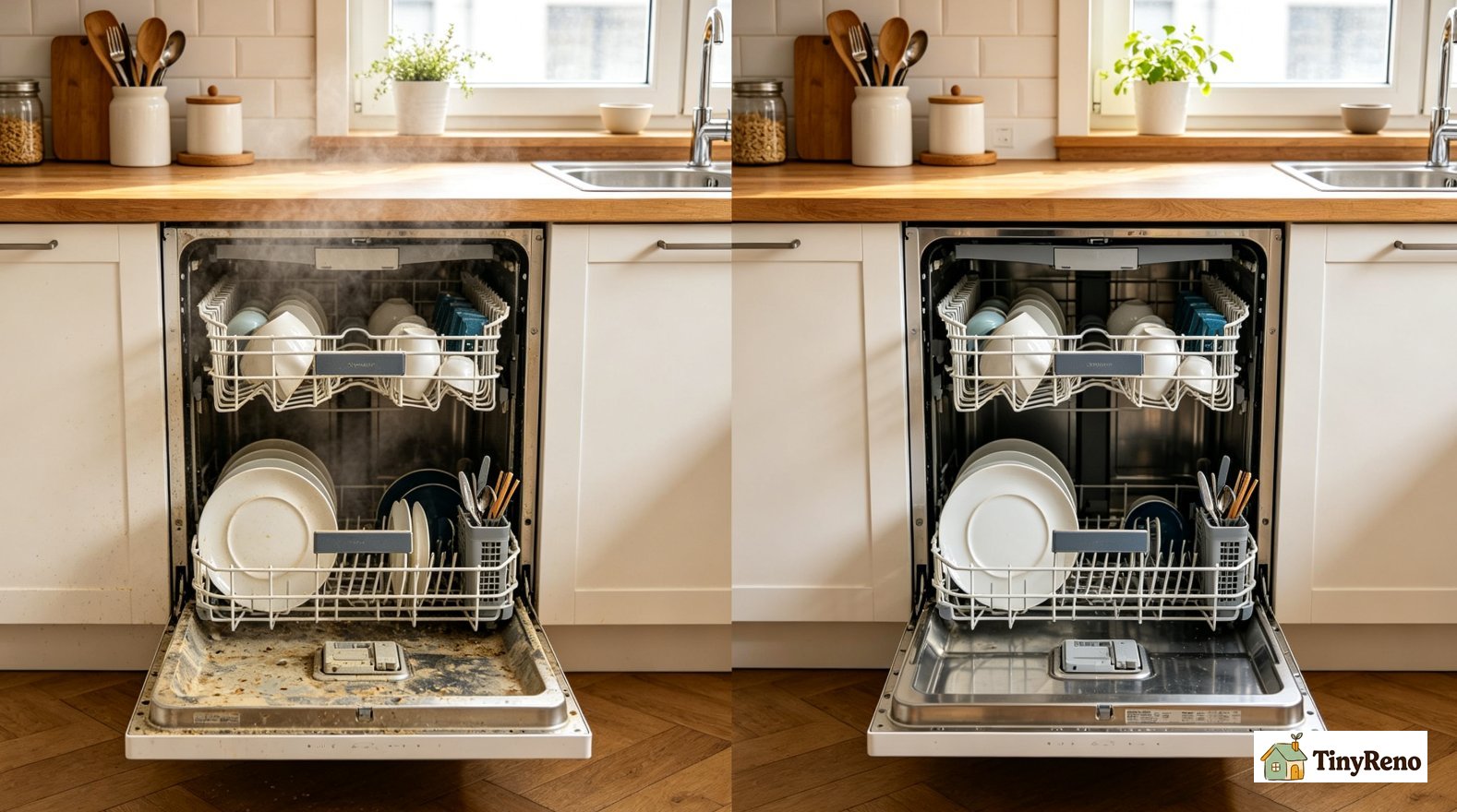 Side-by-side comparison of dishwasher maintenance habits, showing frequent cleaning cycles vs. deeper cleaning every two to three months