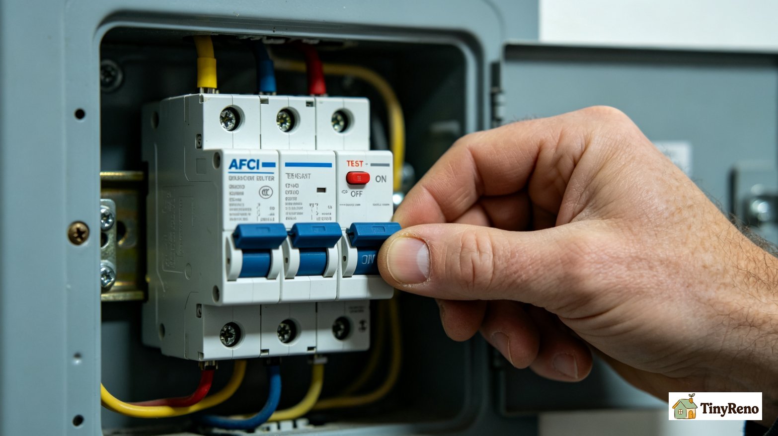 AFCI arc-fault circuit breaker in the panel with the TEST button visible on the front showing how it differs from a standard breaker
