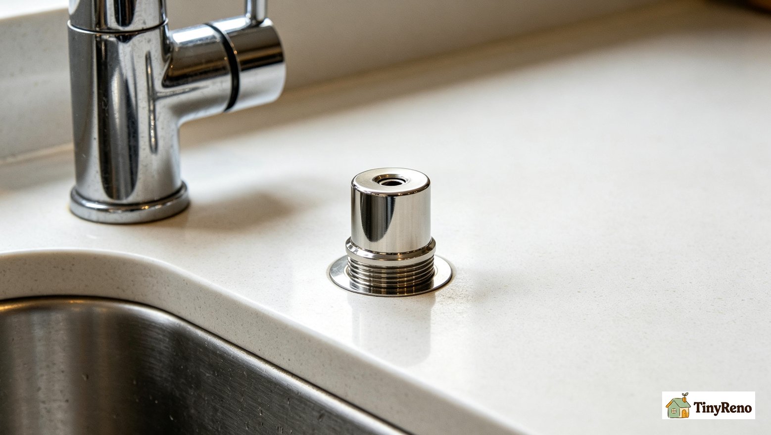 Chrome air gap fitting mounted on the sink deck next to the faucet with two barbed hose connections underneath — the code-required backflow prevention in California Washington and Oregon