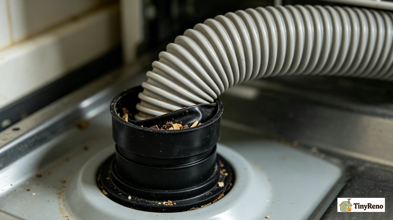 Kinked dishwasher drain hose at the top of a high loop with food debris collected at the bend — the most common mistake that turns the loop into a clog magnet within six months