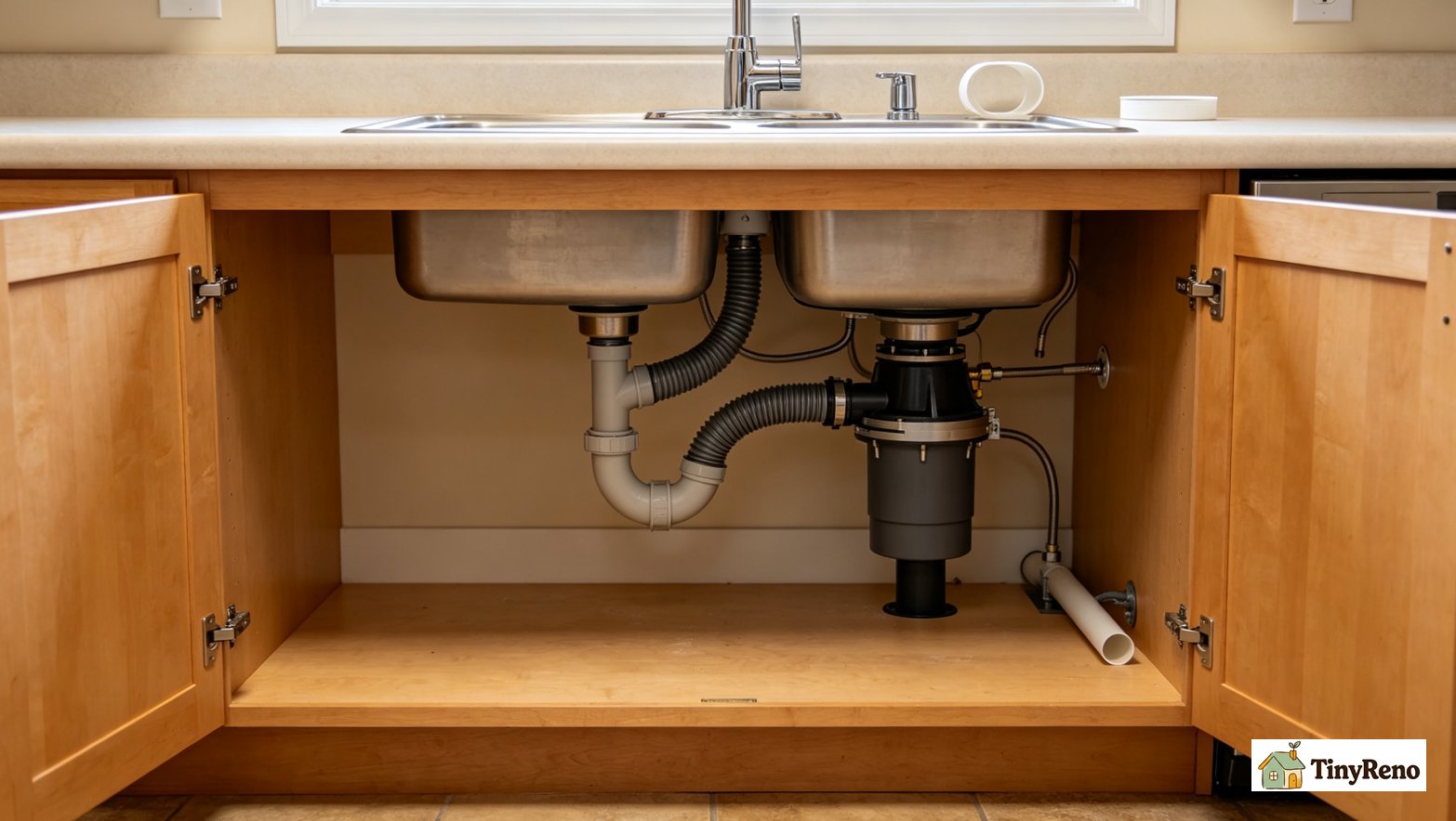 Smooth plastic clip fastening the dishwasher drain hose to the inside wall of the sink base cabinet near the top — the typical under-counter high-loop install showing correct slack