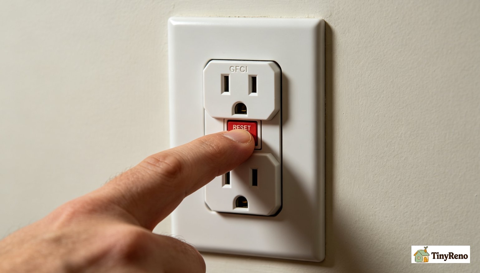 Hand pressing the RESET button on a GFCI outlet in a kitchen showing the typical location with two buttons in the center of the receptacle face
