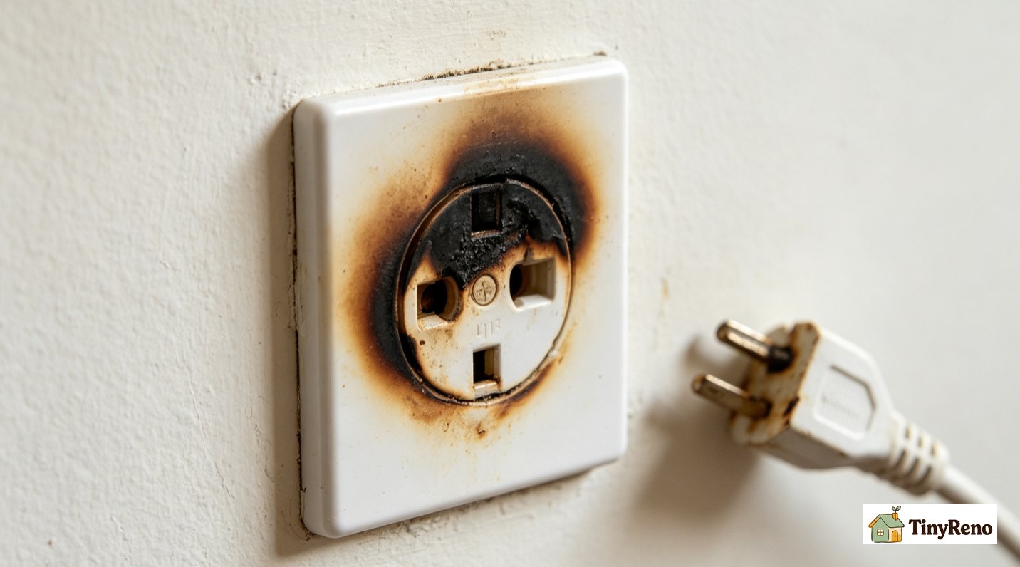 Close-up of a brown discolored outlet face around one of the plug slots showing the early stage of a burnt outlet from a loose wire connection
