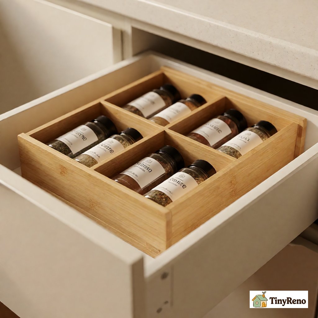 Pantry drawer organizer made of bamboo with 6 compartments of spice jars. Step-by-step install, soft warm light, off-white kitchen drawer.