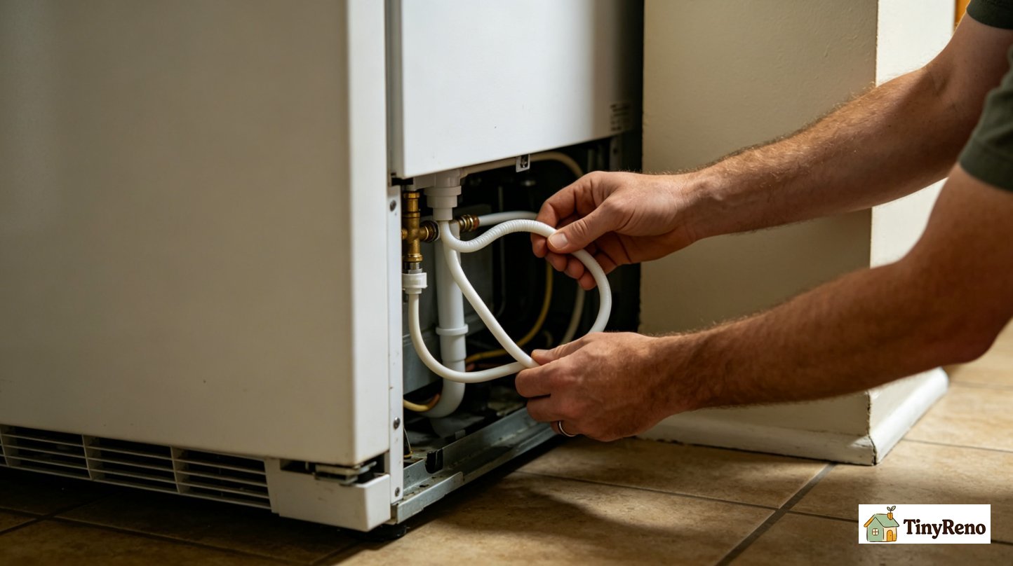 Refrigerator water inlet valve mounted on the back of the fridge with the quarter-inch supply line connected and two output ports to the ice maker and water dispenser